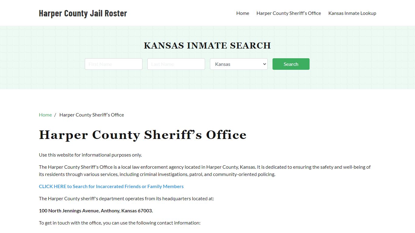 Harper County Sheriff Office, KS, Arrest Warrants Search